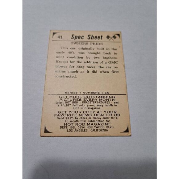 Vintage 1965 Hot Rod Magazine #41 Spec Sheet Owners Pride Trading Card - Picture 2 of 2